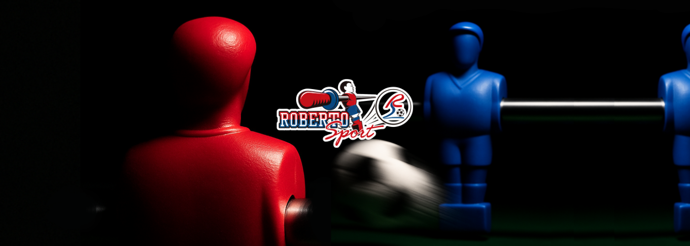 Two foosball players facing each other with Roberto Sport logo in the middle