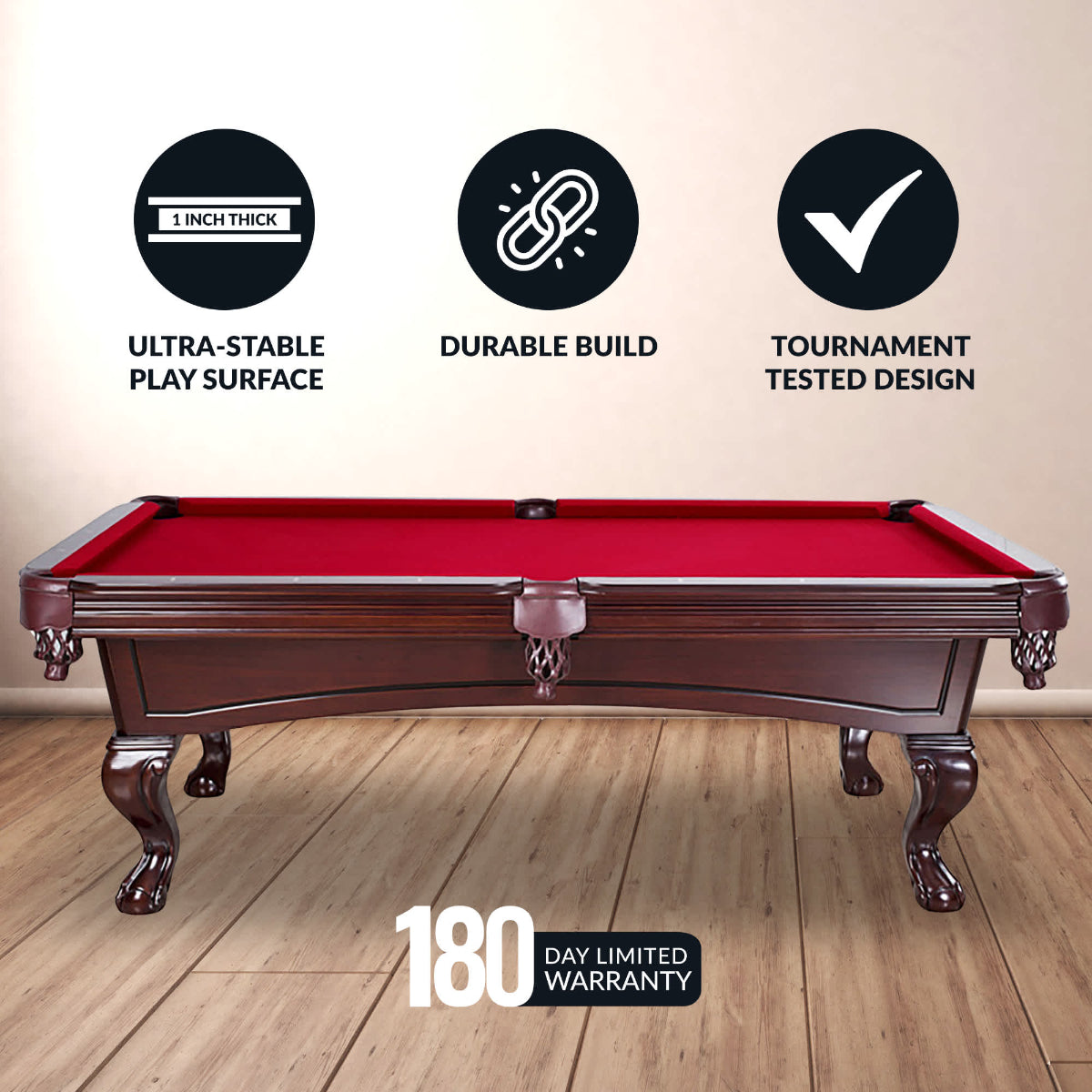 Hathaway Augusta 8-ft Pool Table Mahogany with Red Pelt Free Play Features Poster