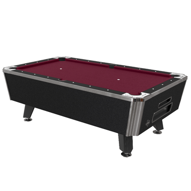 Pool table with red felt surface on a white background
