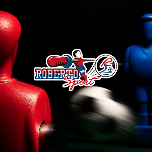 Two foosball players facing each other with Roberto Sport logo in the middle