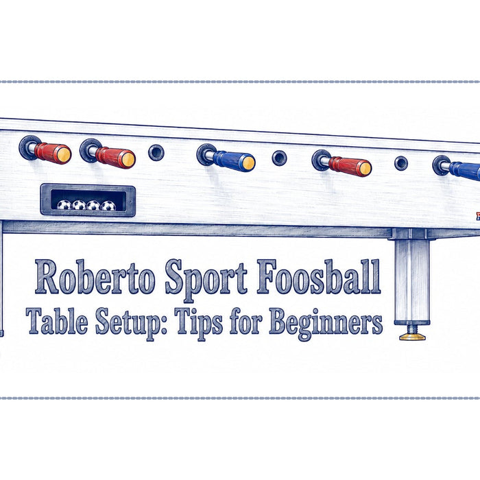 Technical illustration of a Roberto Sport foosball table with beginner setup tips, assembly guidance, ball return, and table features.