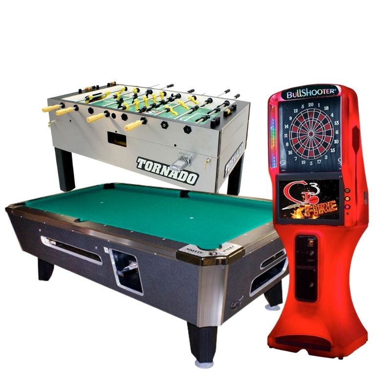 Pool table, foosball table, and electronic dartboard on a white background