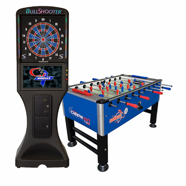 Bullshooter electronic dart board and Champion Foosball table on a white background