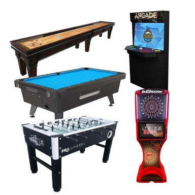 Collection of gaming tables and arcade machines on a white background