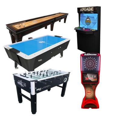 Collection of various game tables including a shuffleboard, air hockey, and foosball table with arcade games on a white background.