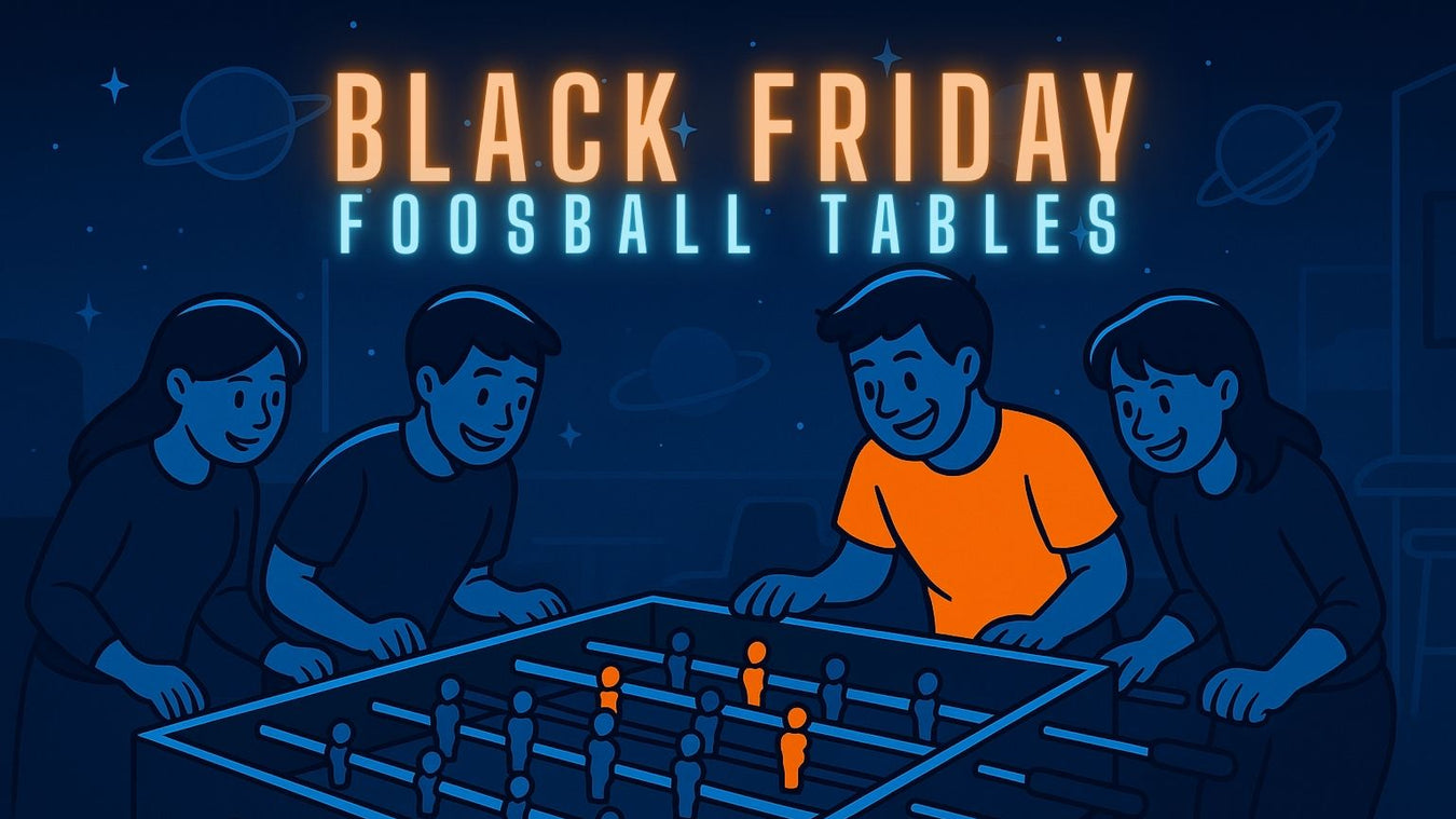 Illustration of people playing foosball with 'Black Friday Foosball Tables' text on a dark background