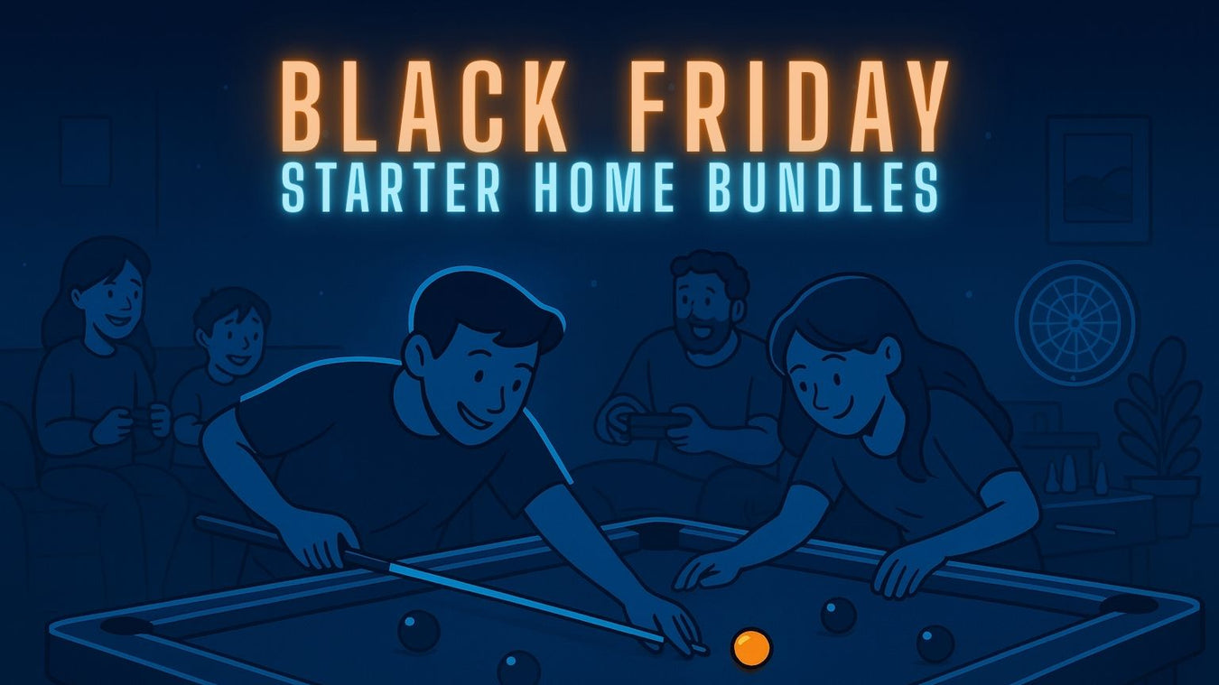 Illustration of a family playing pool with 'Black Friday Starter Home Bundles' text above.
