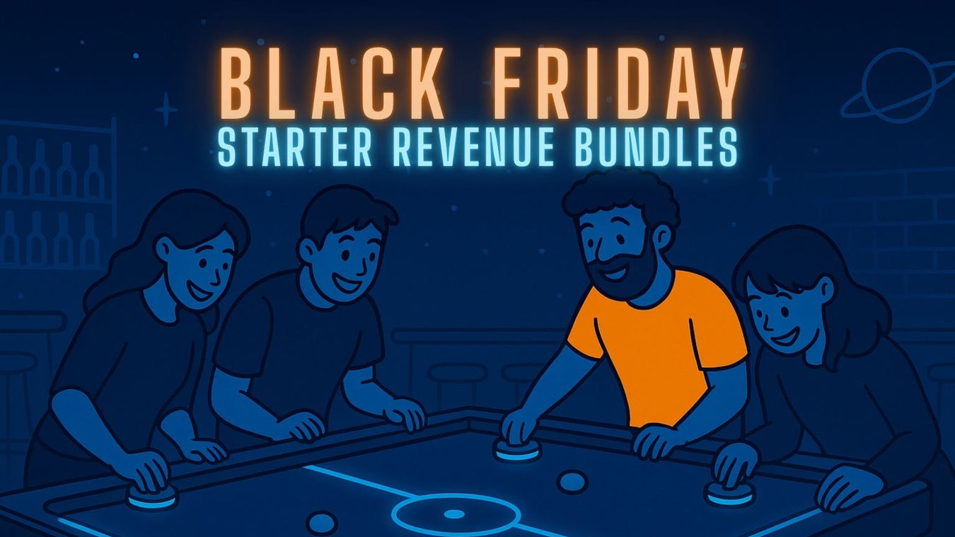 Illustration of people playing air hockey with 'Black Friday Starter Revenue Bundles' text.