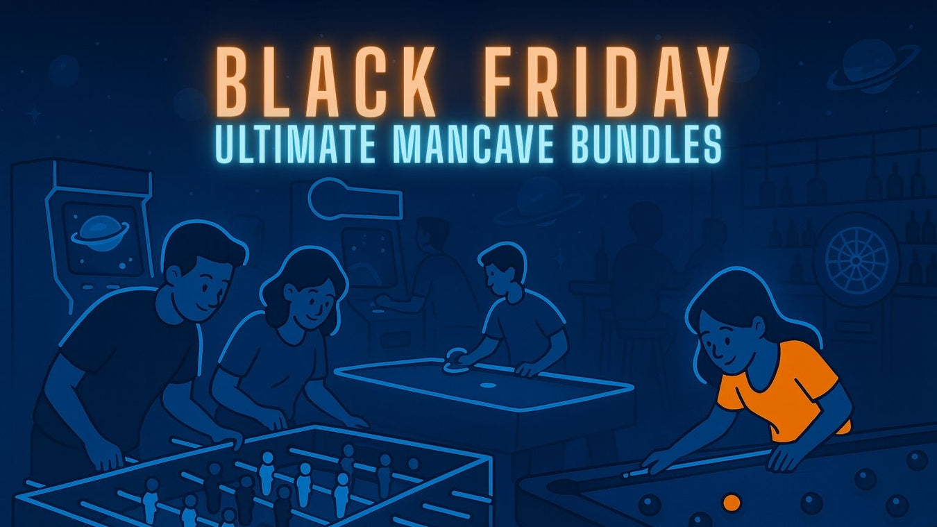 Illustration of people playing games with 'Black Friday Ultimate Mancave Bundles' text on a dark background