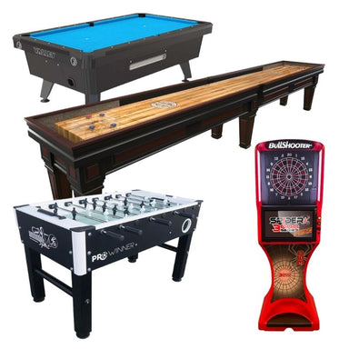 One pool table, one shuffleboard, one foosball table, one electronic dartboard bundle picture