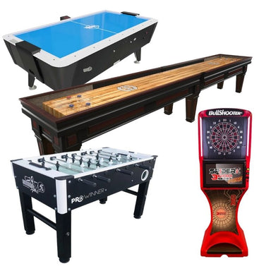 One air hockey, one shuffleboard, one foosbal ltable, one electronic dartboard bundle picture
