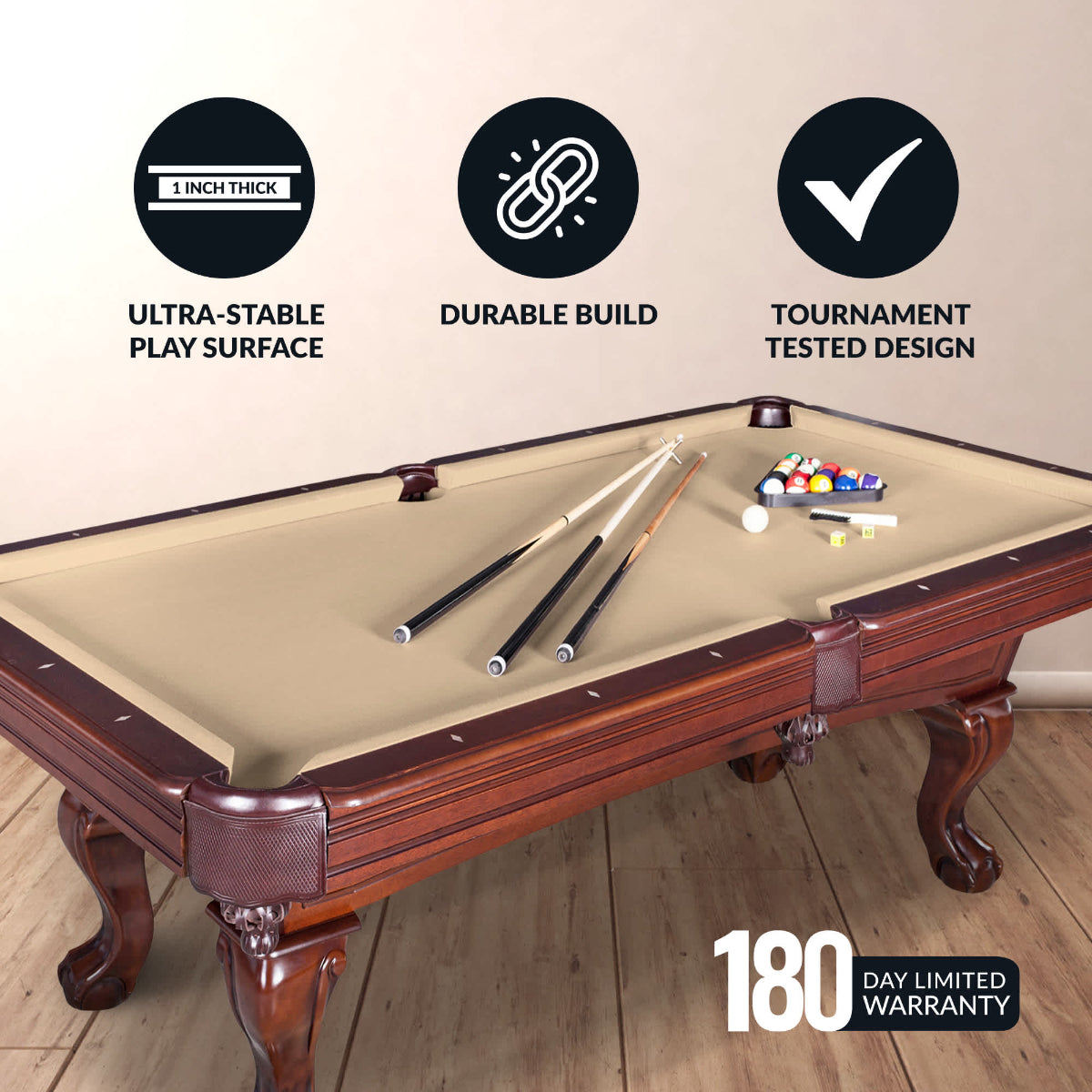 Hathaway Augusta 8-ft Pool Table Walnut with Camel Pelt Free Play Features Poster