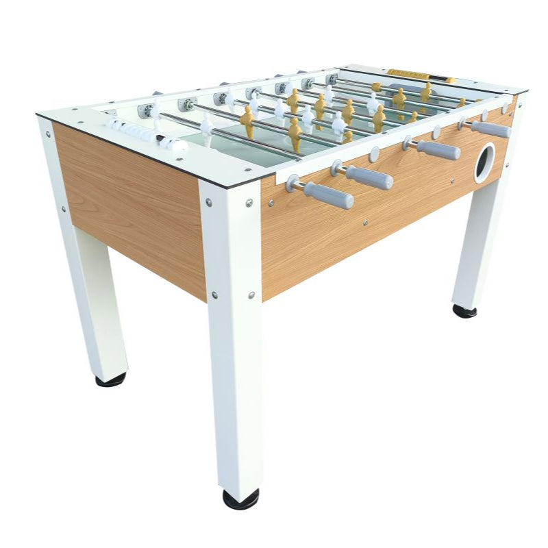Roberto Sport Ermes Wood Foosball table with wood surface, telescopic rods and white legs on a white background