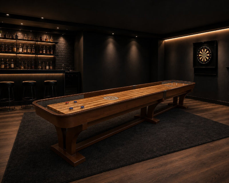 A wooden shuffleboard table placed in a dimly lit home bar or recreation room with wood flooring, a bar counter with bottles, a dartboard on the wall, and a dark rug underneath.