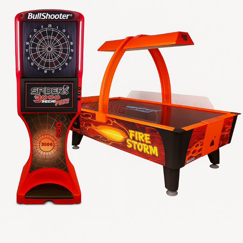 BullShooter electronic dartboard and air hockey table on a white background