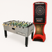Foosball table next to a darts machine on a white background
