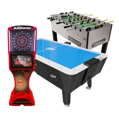 BullShooter electronic dartboard and Tornado air hockey table on a white background