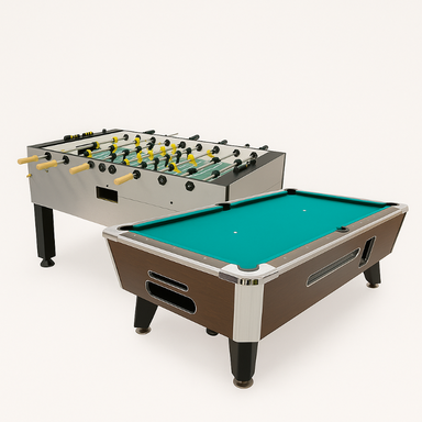 Two gaming tables, one pool table and one foosball table, on a white background.