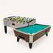 Two gaming tables, one pool table and one foosball table, on a white background.