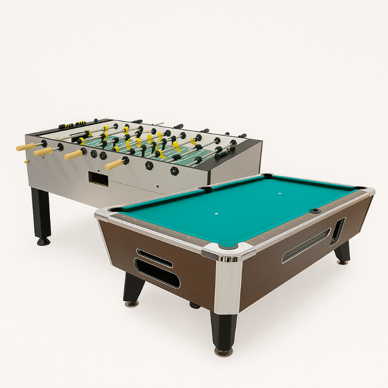 Two gaming tables, one pool table and one foosball table, on a white background.