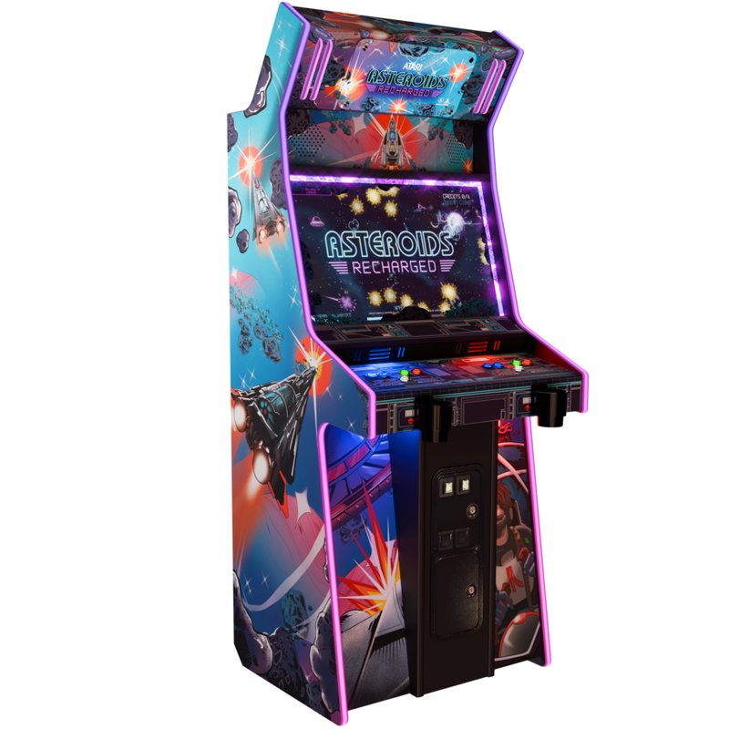 Atari Asteroids Recharged Pro+ arcade cabinet by Alan-1, commercial coin operated two player upright with RGB LED T-molding, 32 inch monitor and illuminated marquee, front three quarter view.