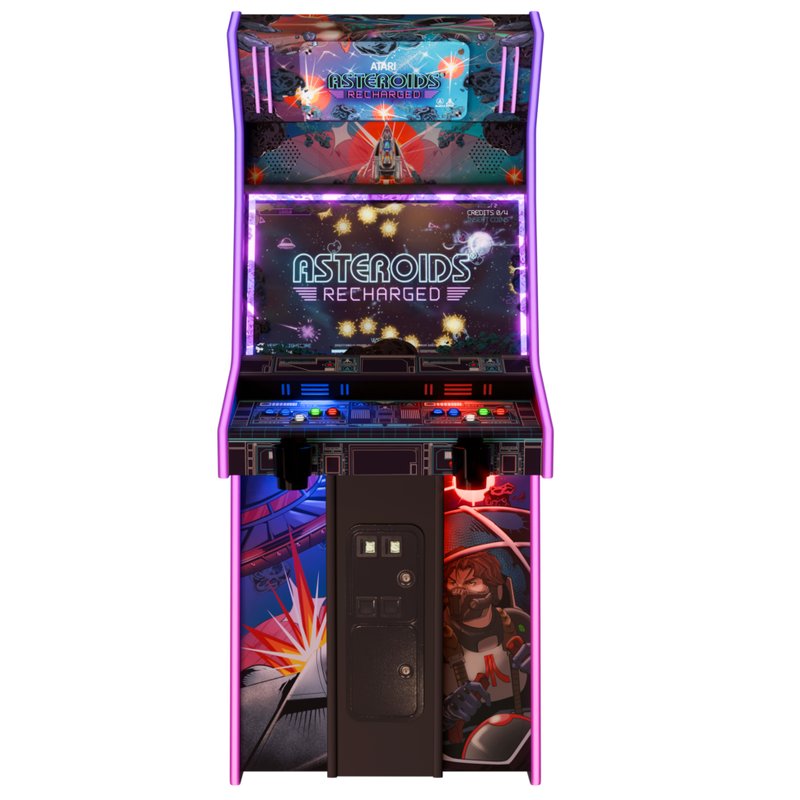 Atari Asteroids Recharged Pro+ arcade cabinet by Alan-1, front view with RGB LED T-molding, 32 inch monitor, two player control panel and illuminated marquee.