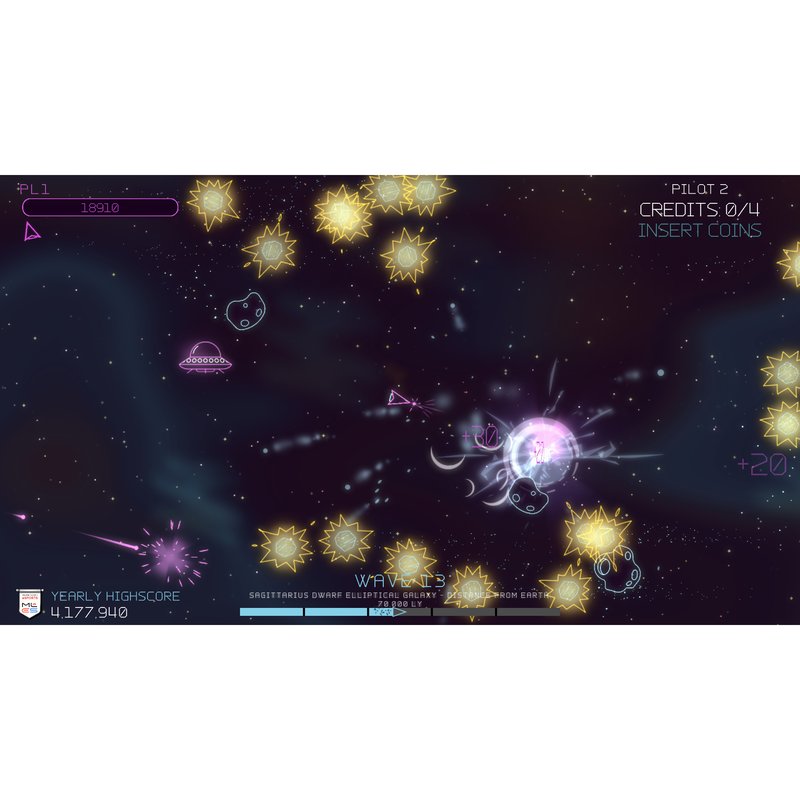 Atari Asteroids Recharged Pro+ by Alan-1, gameplay on wave 13 showing vector style asteroids, an enemy UFO, an exploding bullet impact and the running yearly high score.