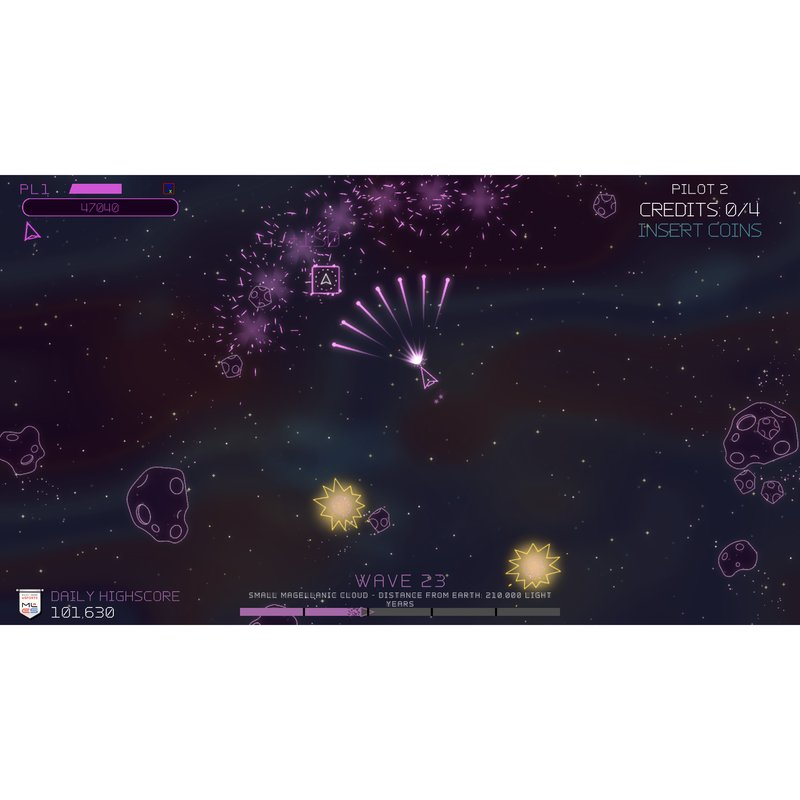 Atari Asteroids Recharged Pro+ by Alan-1, gameplay on wave 23 showing a spread shot power up clearing an asteroid field with the daily high score displayed.