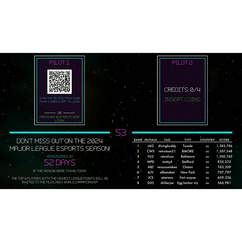 Atari Asteroids Recharged Pro+ by Alan-1, Major League eSports login screen showing the per player QR code sign in, credit status and the national MLeS season leaderboard.