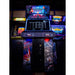 Atari Asteroids Recharged Pro+ arcade cabinet by Alan-1 on location at Flynn's Retrocade in Utah, straight on front view showing the illuminated Atari Asteroids Recharged marquee and the MLeS yearly records leaderboard on screen.