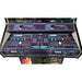 Atari Asteroids Recharged Pro+ by Alan-1, two player control panel seen top down, showing the Pilot 01 and Pilot 02 stations with the original five button layout, rotate left, rotate right, hyperspace, thrust and fire, all LED backlit.