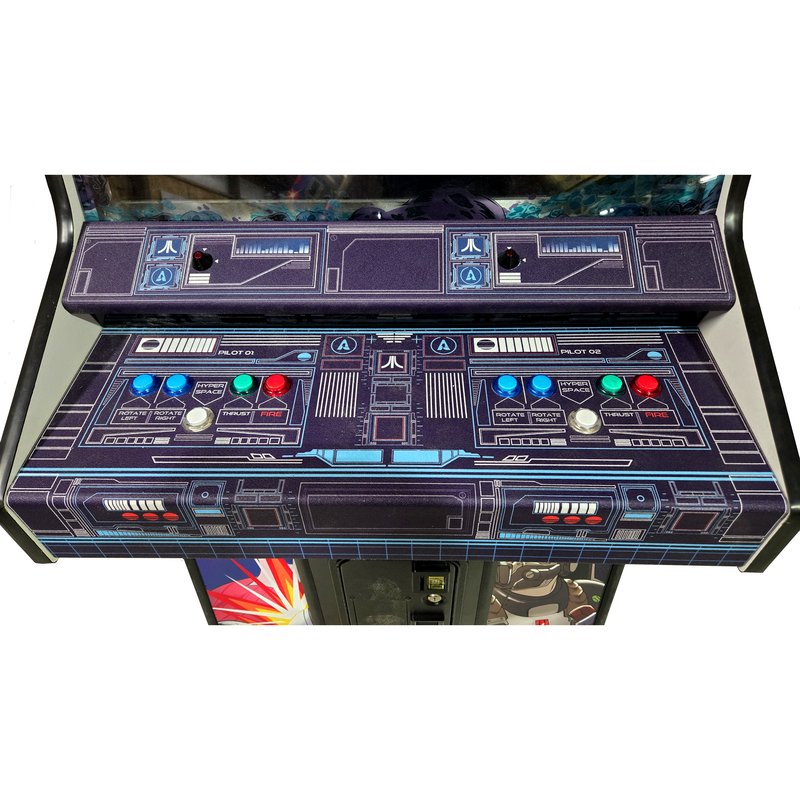 Atari Asteroids Recharged Pro+ by Alan-1, two player control panel seen top down, showing the Pilot 01 and Pilot 02 stations with the original five button layout, rotate left, rotate right, hyperspace, thrust and fire, all LED backlit.