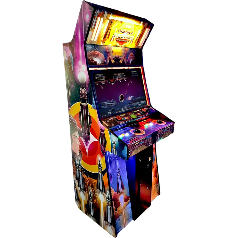 Alan-1 Missile Command Recharged Pro home arcade machine shown from front angle, displaying illuminated marquee, game screen, and control panel.