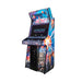 Atari Asteroids Recharged Pro 2 player arcade cabinet by Alan-1, commercial coin-operated upright shown from the front right three quarter angle, with the illuminated marquee, 32 inch monitor, two player control panel and right side cabinet artwork showing the pilot and spacecraft.