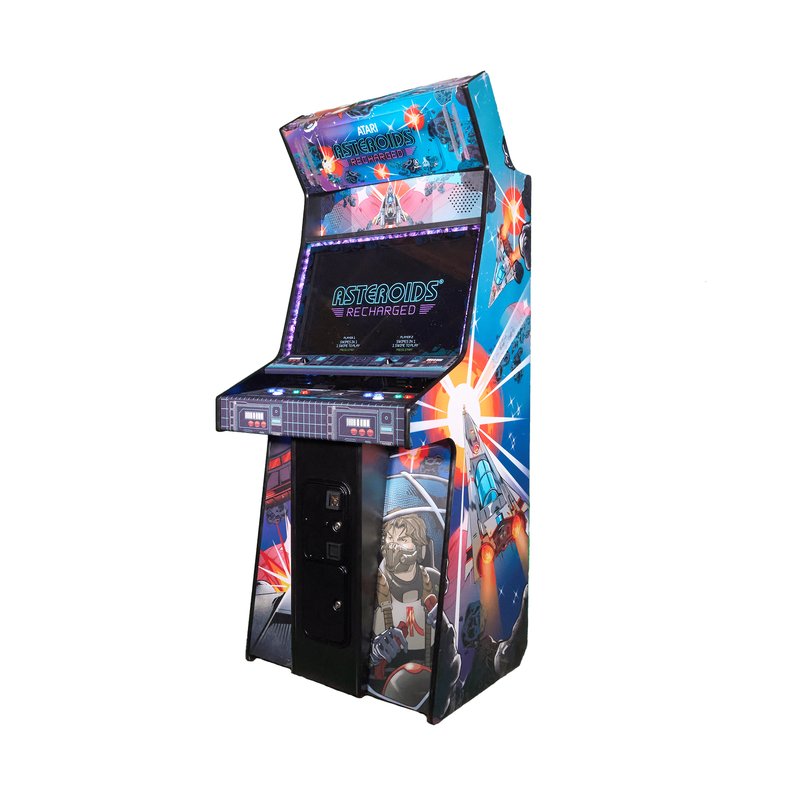 Atari Asteroids Recharged Pro 2 player arcade cabinet by Alan-1, commercial coin-operated upright shown from the front right three quarter angle, with the illuminated marquee, 32 inch monitor, two player control panel and right side cabinet artwork showing the pilot and spacecraft.