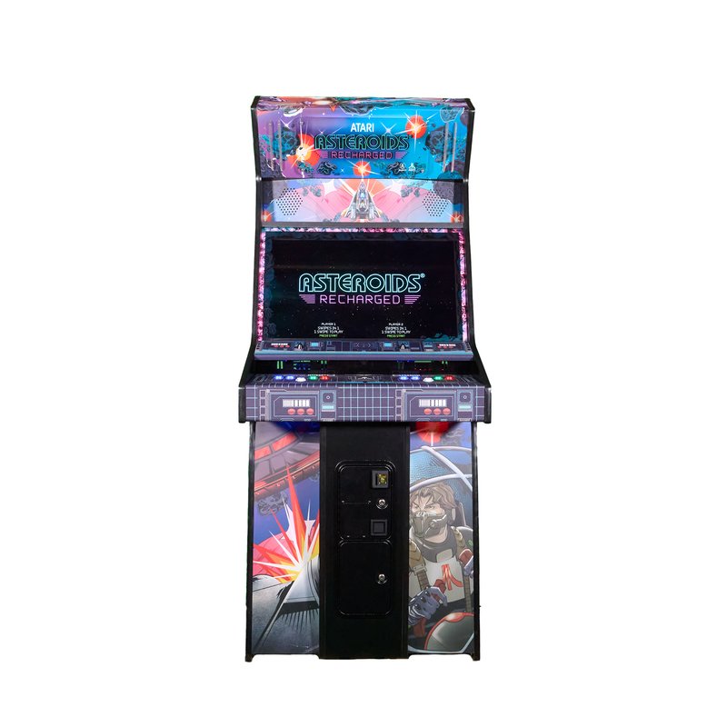 Atari Asteroids Recharged Pro 2 player arcade cabinet by Alan-1, straight on front view showing the illuminated Atari Asteroids Recharged marquee, the 32 inch monitor, the two player control panel and the coin door.