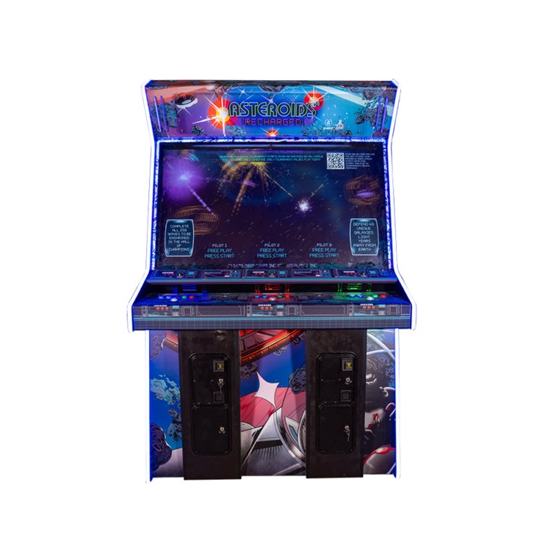 Atari Asteroids Recharged Deluxe 3-player arcade cabinet front view showing 55-inch display, three control stations, and LED lighting.