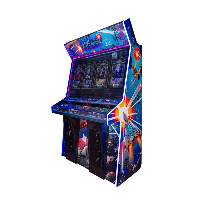 Atari Asteroids Recharged Deluxe 3-Player Arcade Cabinet, commercial upright cabinet front three quarter view showing 55 inch display, three control stations, and LED lighting.