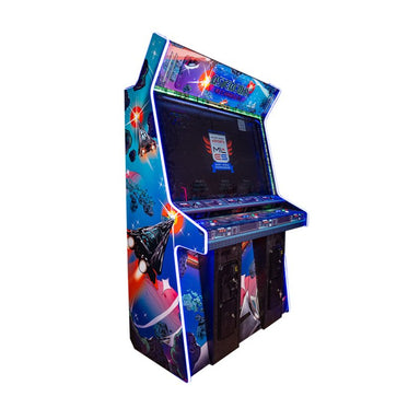 Atari Asteroids Recharged Deluxe 3-Player Arcade Cabinet commercial upright front three-quarter view with LED lighting and 55-inch display