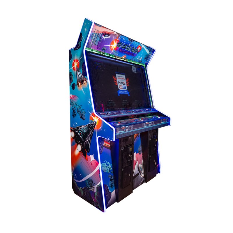 Atari Asteroids Recharged Deluxe 3-Player Arcade Cabinet commercial upright front three-quarter view with LED lighting and 55-inch display
