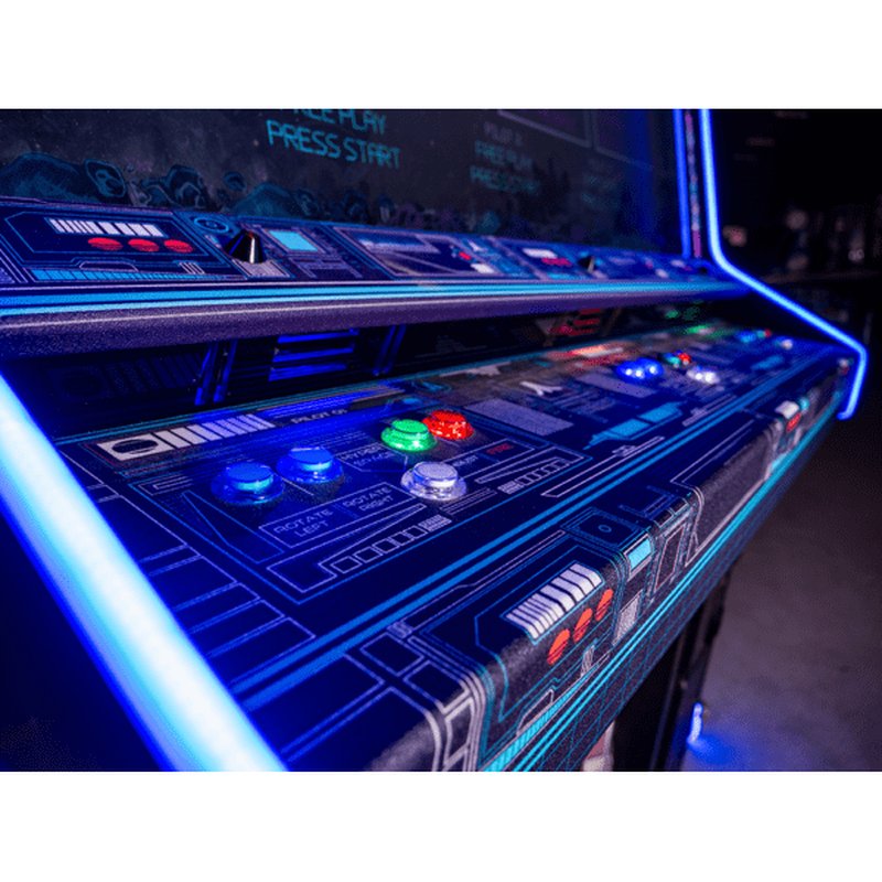 Atari Asteroids Recharged Deluxe 3-Player arcade cabinet control panel close-up showing backlit LED buttons and coin door, commercial arcade game