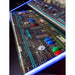 Atari Asteroids Recharged Deluxe arcade cabinet control panel showing three player stations with backlit LED buttons for Rotate Left, Rotate Right, Fire, Thrust and Hyperspace.