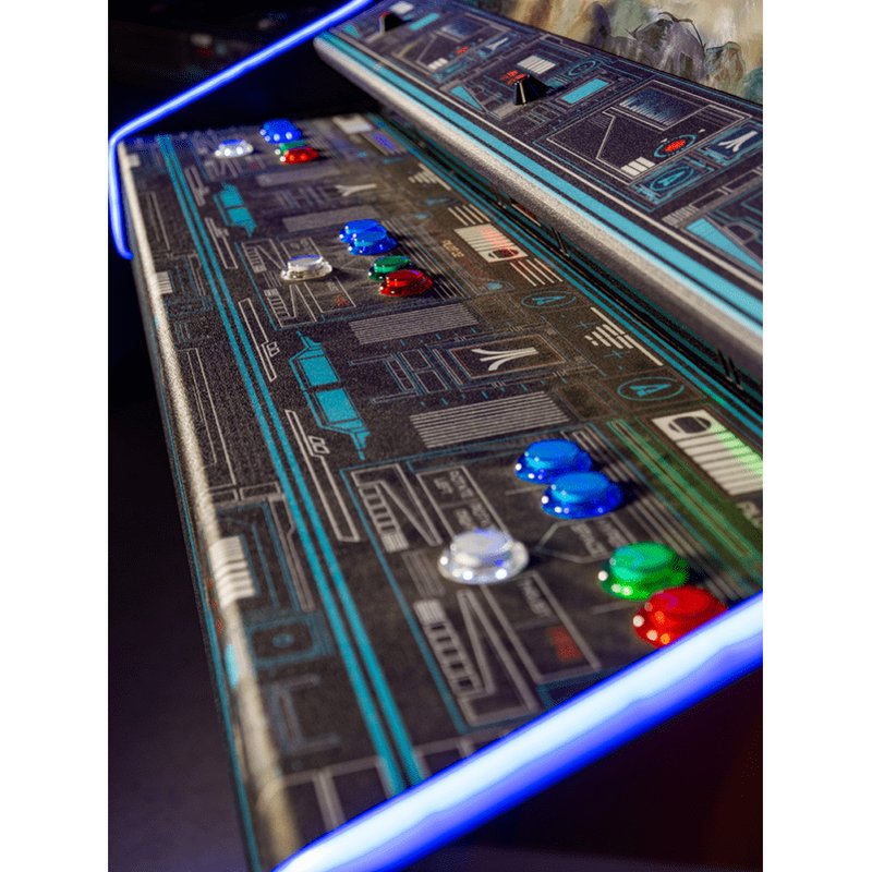 Atari Asteroids Recharged Deluxe arcade cabinet control panel showing three player stations with backlit LED buttons for Rotate Left, Rotate Right, Fire, Thrust and Hyperspace.