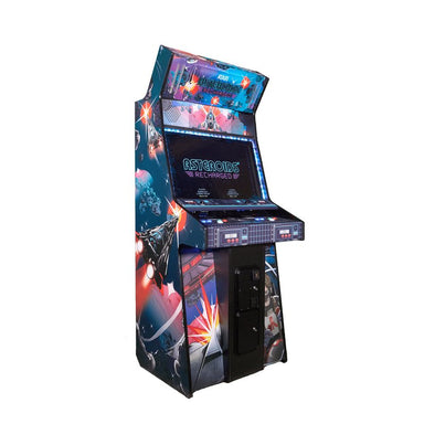 Atari Asteroids Recharged Pro 2 player arcade cabinet by Alan-1, commercial coin-operated upright shown from the front left three quarter angle, with the illuminated marquee, 32 inch monitor, two player control panel and left side cabinet artwork.