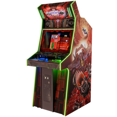 Atari Caverns of Mars Recharged MirrorFX arcade cabinet by Alan-1, three-quarter view showing the side artwork, joystick control panel and coin door.