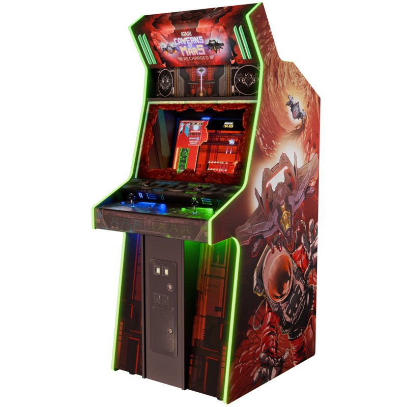 Atari Caverns of Mars Recharged MirrorFX arcade cabinet by Alan-1, three-quarter view showing the side artwork, joystick control panel and coin door.