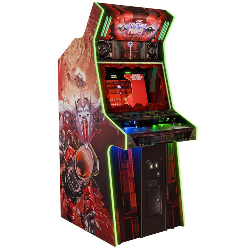 Atari Caverns of Mars Recharged MirrorFX arcade cabinet by Alan-1, opposite three-quarter view showing the side artwork and lit edge trim.