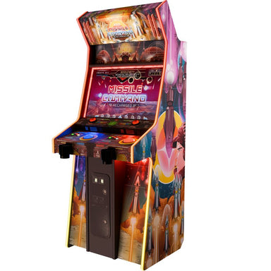 Alan-1 Atari Missile Command Recharged Pro+ arcade cabinet, three-quarter view showing the full side artwork panel and lit RGB T-molding trim.