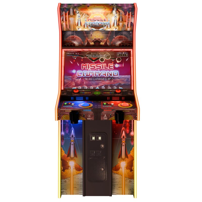 Alan-1 Atari Missile Command Recharged Pro+ 2 player arcade cabinet, front view with lit RGB LED trackballs and glowing T-molding edge trim.