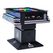 Atari PONG Mechanical Table Commercial Edition, angled view on pedestal base, glowing RGB playfield, spinners, coin door.